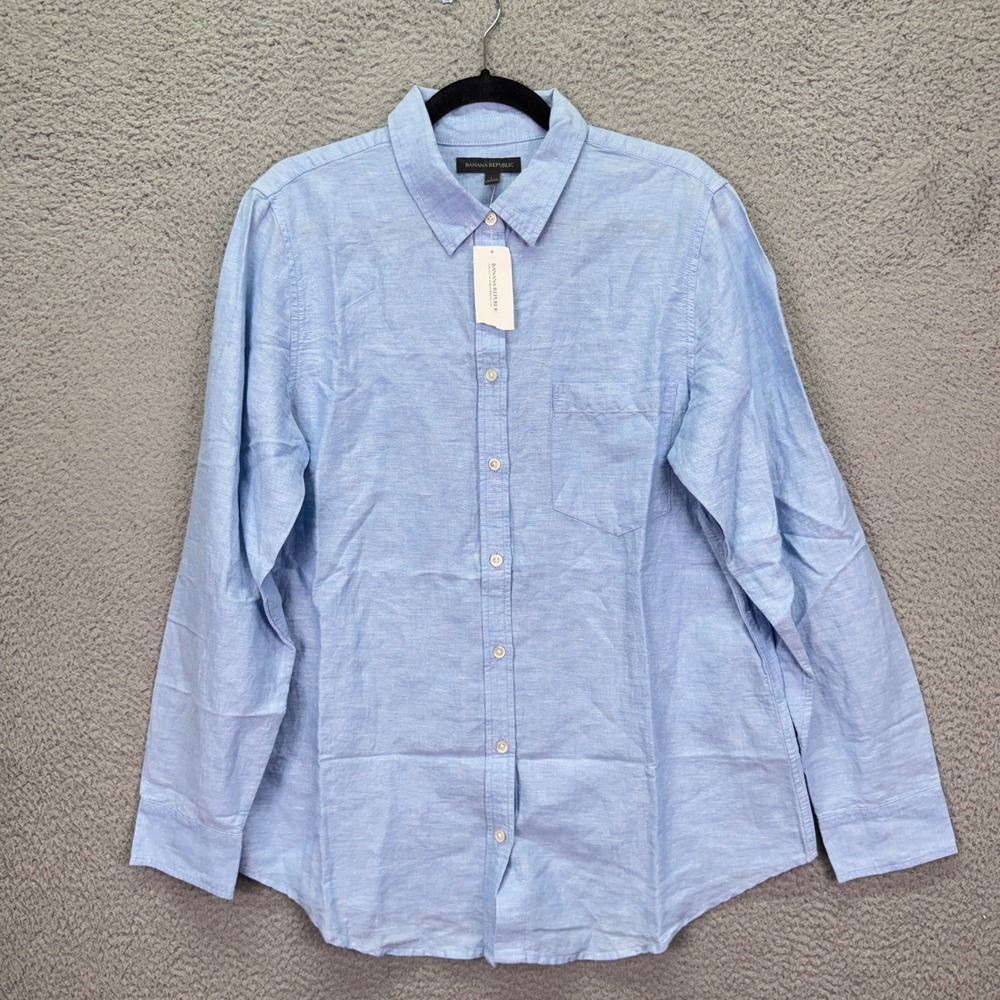 Banana Republic Shirt Mens L Blue Linen Blend Preppy Office Business Beach Light - Picture 2 of 10